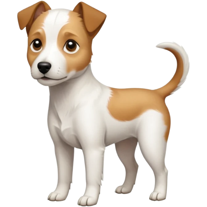a full body slightly chubby white parson russell terrier looking dog the size of a kelpie with light brown long ears and a light brown patch on one eye and a large snout. the rest of the dog is completely whiteforward facing emoji