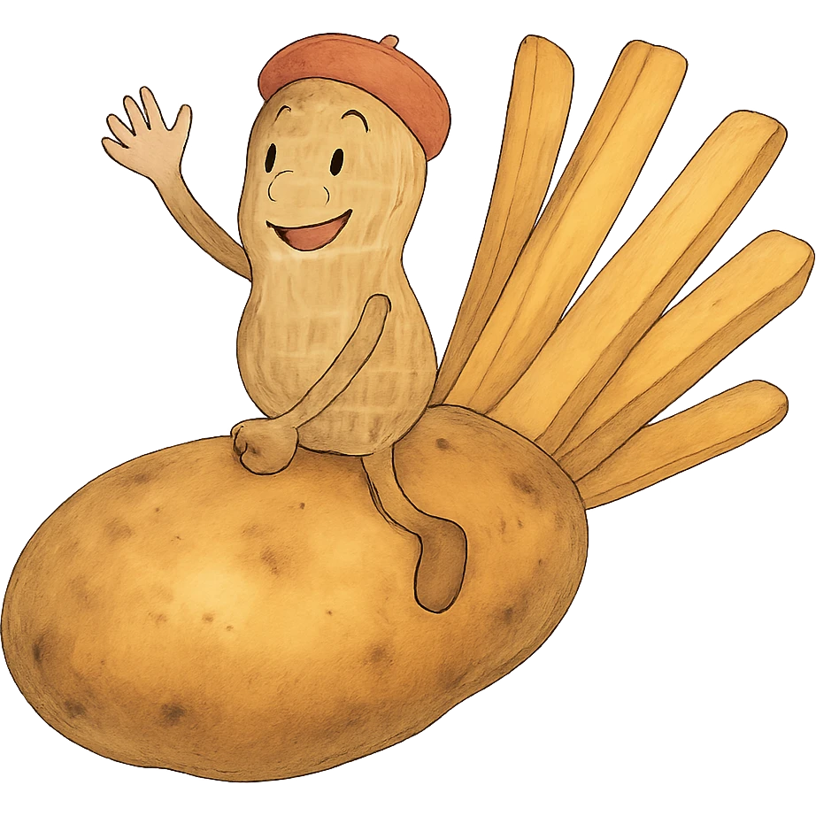 ghibli style peanut flying on a potato with fries emoji