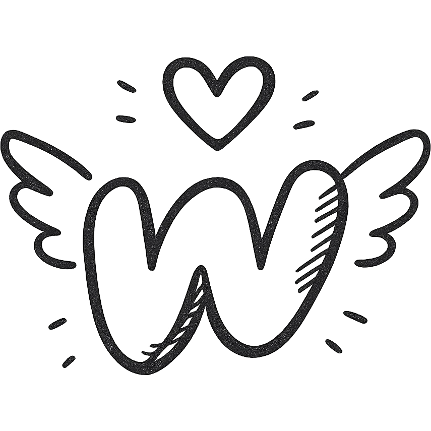 plump juicy Wattpad logo 'w' with bold outline, stylized shadows and highlights, decorated with pair of wings and heart above the logo, no background emoji