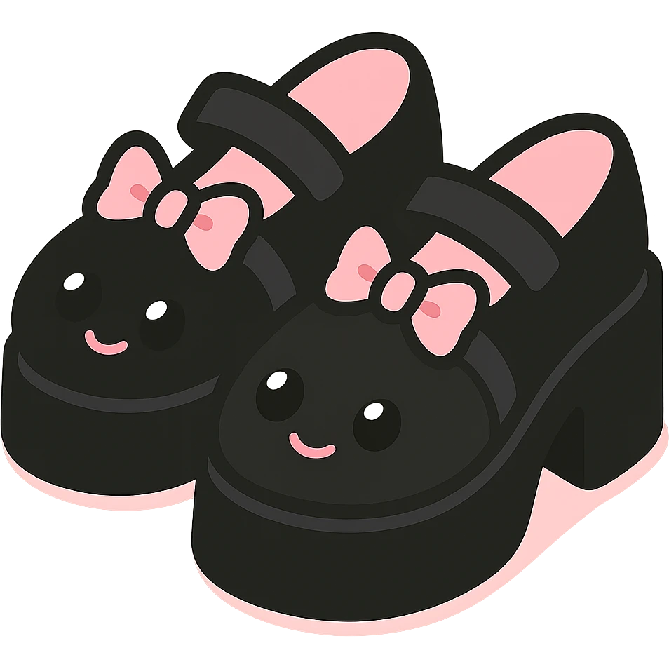 Make the shoes primarily black with pink and pastel accents, kawaii style, no socks, no hearts, transparent background emoji