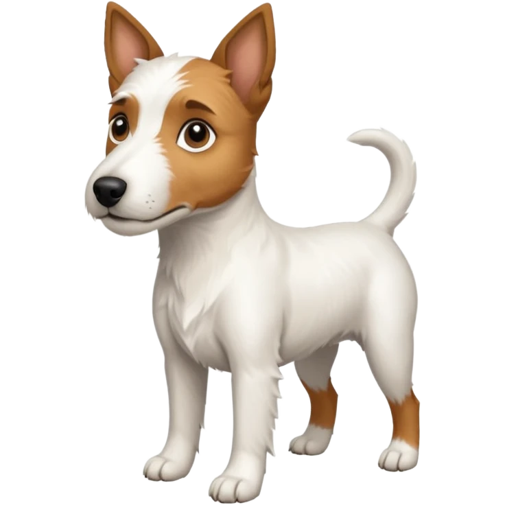 a full body large white parson russell looking dog the size of a kelpie with light brown ears and a light brown patch on one eye and a large snout emoji