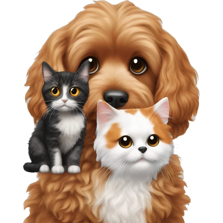 cavapoo dog next to a cat with black orange white colored fur emoji