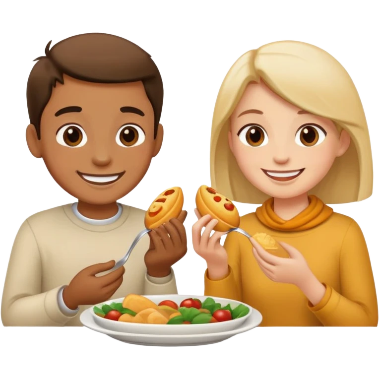 two people sharing food, smiling, simple and expressive emoji