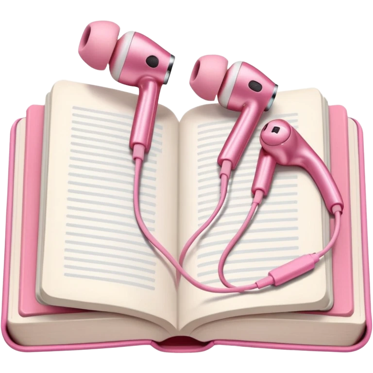  pink Pink Apple-style earbuds lying on an open book, soft pastel tones, cozy and minimal aesthetic, realistic lighting and shadows, top-down view, transparent background" emoji