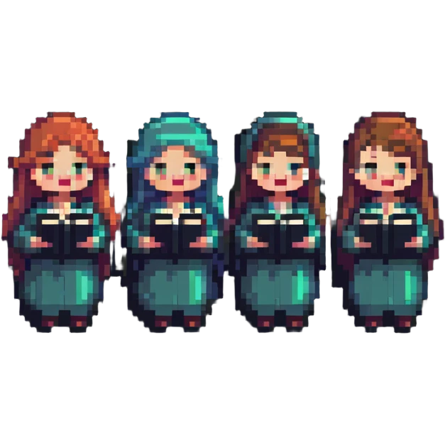 acappella group of four people singing, pixel art style emoji