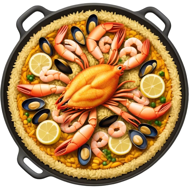 Cinematic Realistic Paella Dish Emoji, depicted as a vibrant, aromatic rice dish loaded with seafood, chicken, and saffron rendered with rich textures and dynamic, warm lighting. emoji