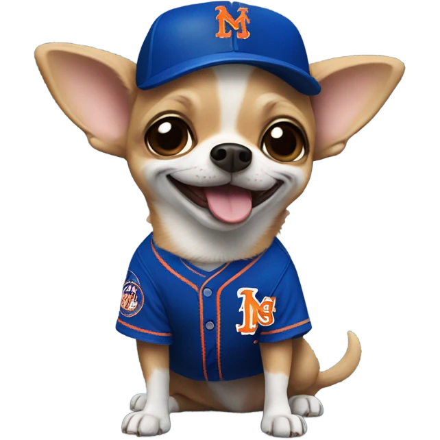 Chihuahua with a huge smile with a Mets uniform  emoji
