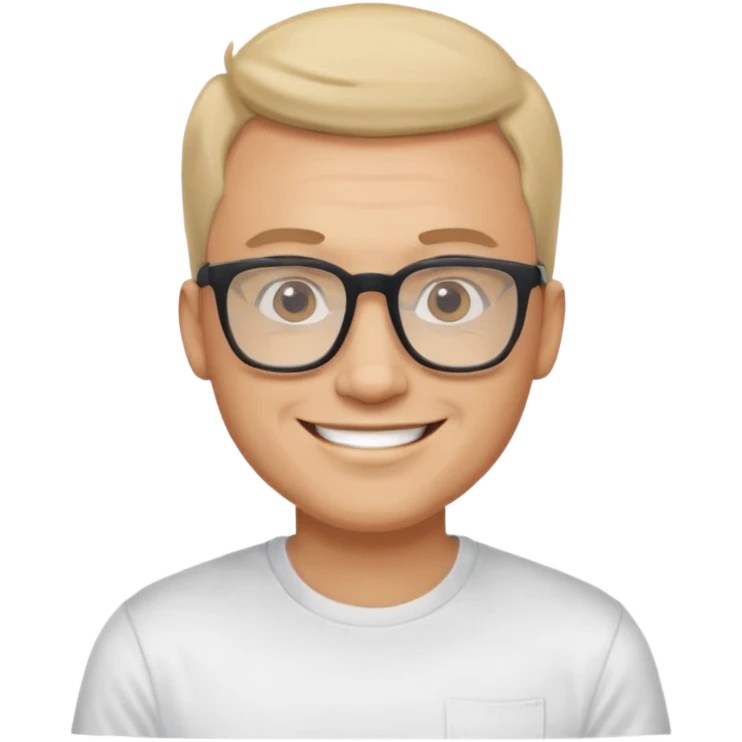 portrait of adult man, wearing a t-shirt, square glasses, smiling face emoji