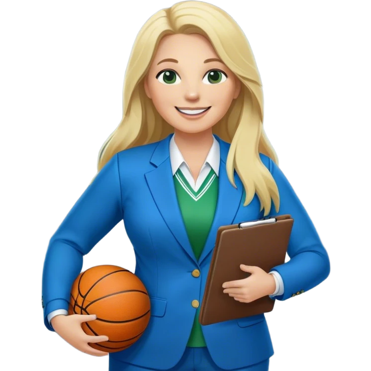 Full Body white plus size female basketball head coach using a clipboard with long blonde hair in a blue and green suit smiling with basketball and clipboard emoji