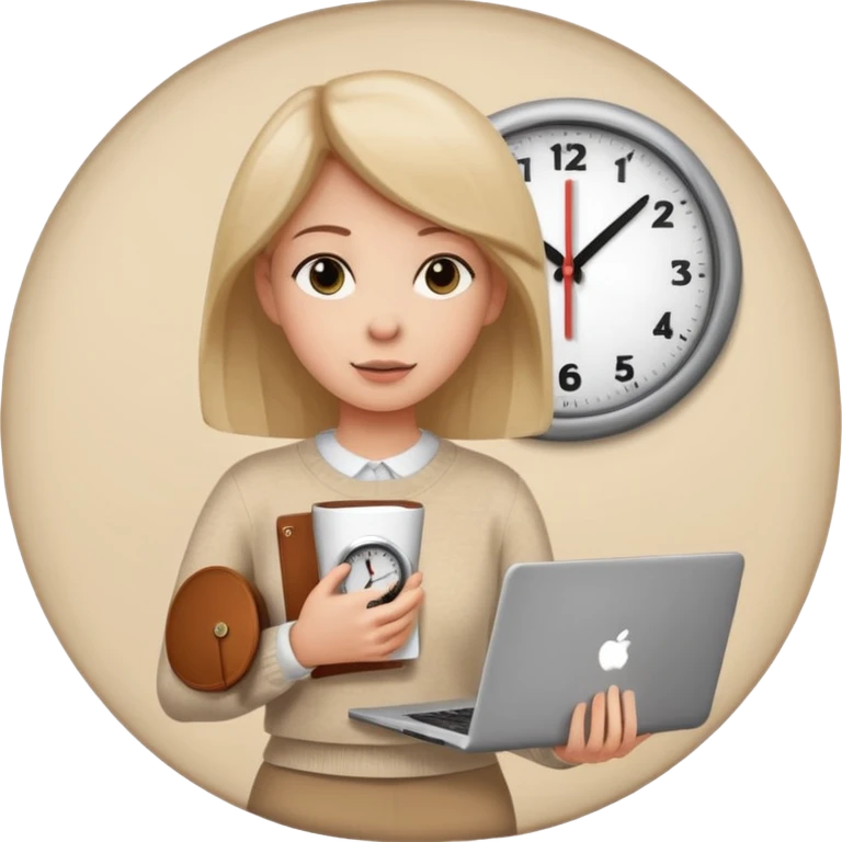 I like the 4th image. Now, make the same woman leave work with her laptop in hand. Add a round clock behind her on the wall. She is wearing a beige sweater.  emoji