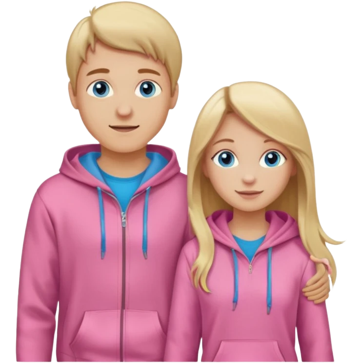 full-length happy couple, girl with long blonde hair and blue eyes in pink hoodie, boy with brown hair in gray hoodie emoji