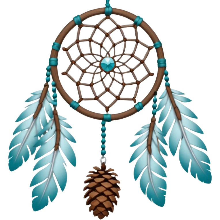 Winter-themed snow-covered spruce pine wooden pinecone dreamcatcher with white feathers, silvery chains and teal leaves emoji