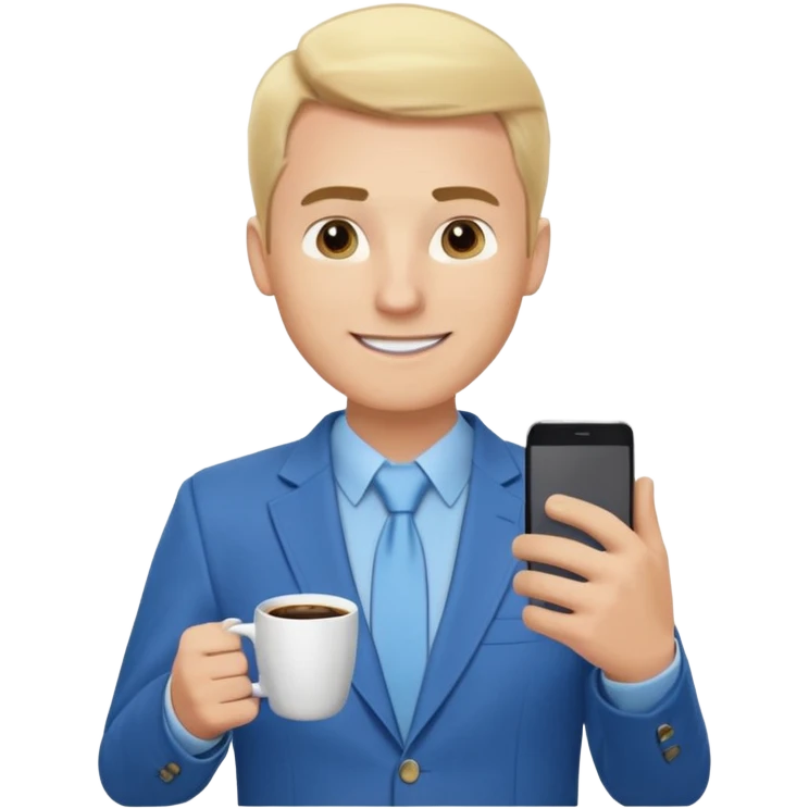 Confident and outgoing male entrepreneur, Caucasian features, blonde hair, big friendly smile, expressive eyes, defined eyebrows, wearing a blue blazer over a light blue shirt, holding a smartphone in one hand and a coffee cup in the other, waist-up, front-facing emoji