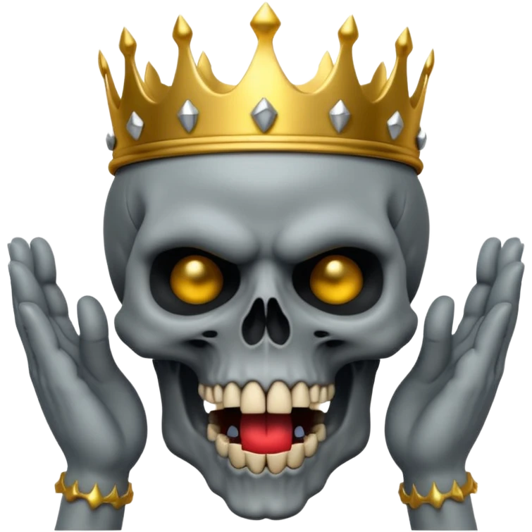 Demonic 3D skull holding its head by its two hand in shock, mouth open, wearing a golden crown, dark horror vibe emoji