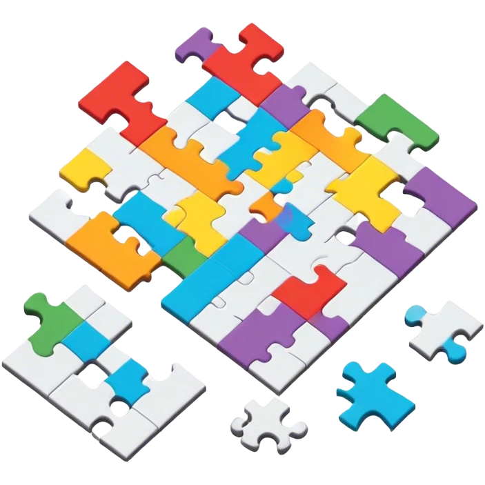 A photorealistic icon with a colorful, fragmented puzzle piece, a crossword magazine, a 3D puzzle, and a partially completed puzzle on a table. Bright, detailed design with realistic lighting. Transparent background, clearly symbolizing puzzles and brain games. emoji