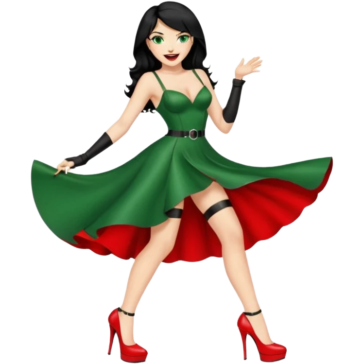 🕵🏻‍♀️💦🧥 black hair , green eyes , red high heels , dominatrix dress , laughing  emoji