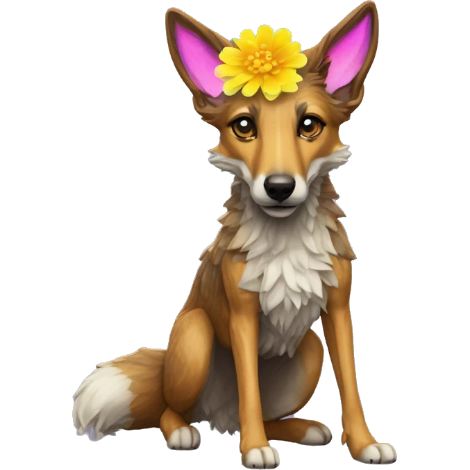  brindle fluffy lurcher Alsatian fox running blue eyes fluffy ears and iridescent holographic oilslick harness wearing paper flower crown yellow caution tape neon sign emoji