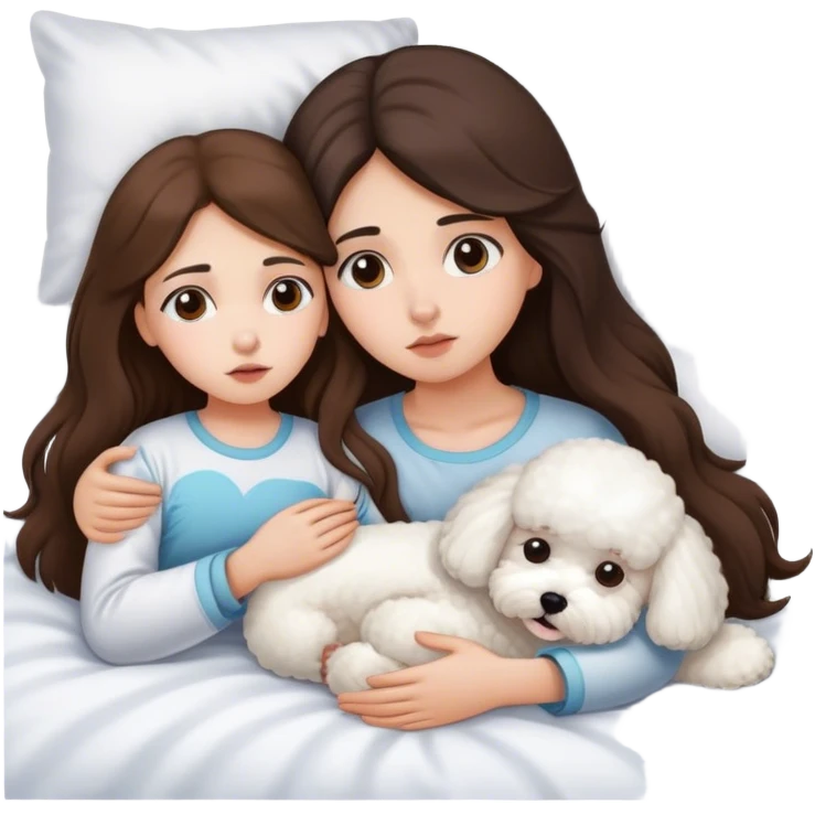 One Brunette Long hair girl sick in bed with bichon frise dog emoji