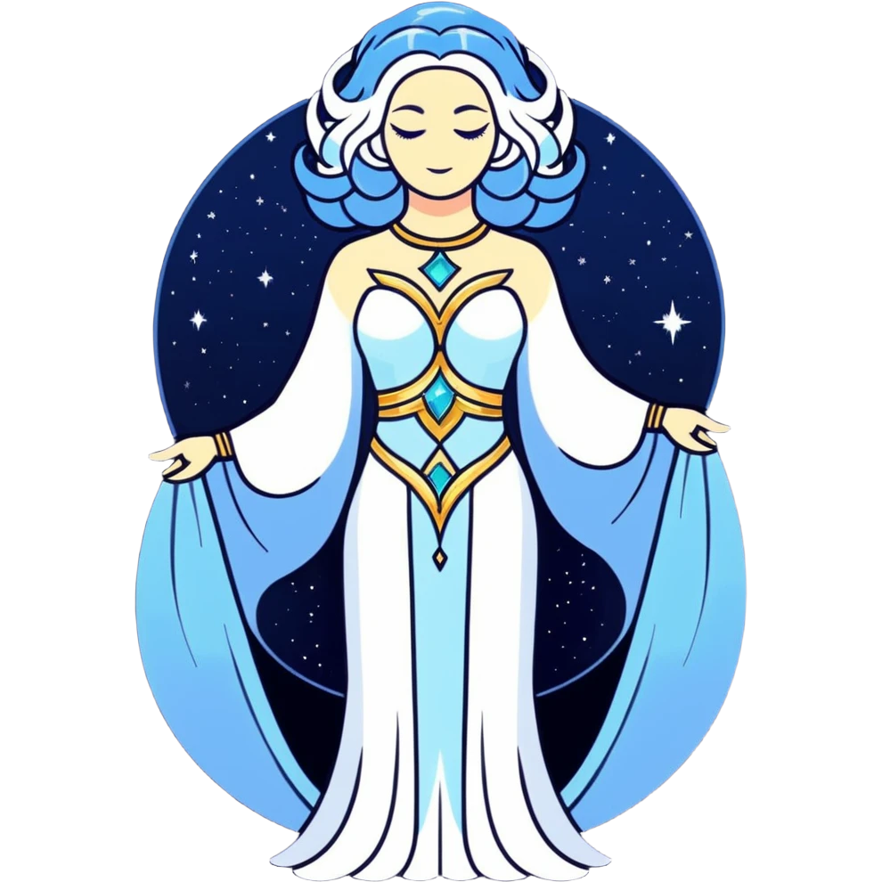 fullbody universe goddess Sophia, Ethereal Light Being, Made of starlight and fractals, Glowing white/gold skin with flowing translucent robes, Hair blue like galaxy mist, Jewelry made of stars and crystals emoji