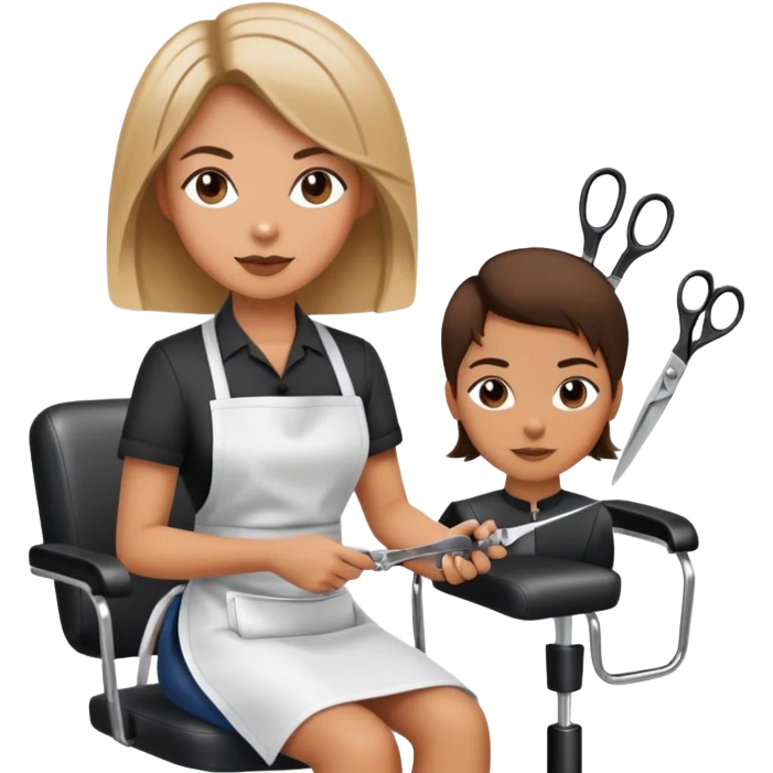 woman in apron sitting in salon chair, female hairstylist behind her with scissors emoji