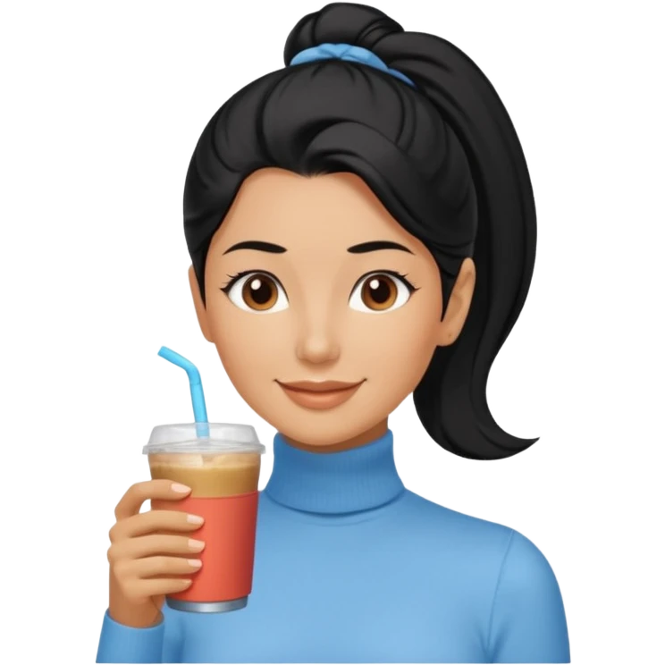  tan skin woman with long face, and very short black hair slicked back ponytail with forehead showing, wearing solid light blue turtleneck shirt, drinking iced coffee, smiling with middle parted hair emoji