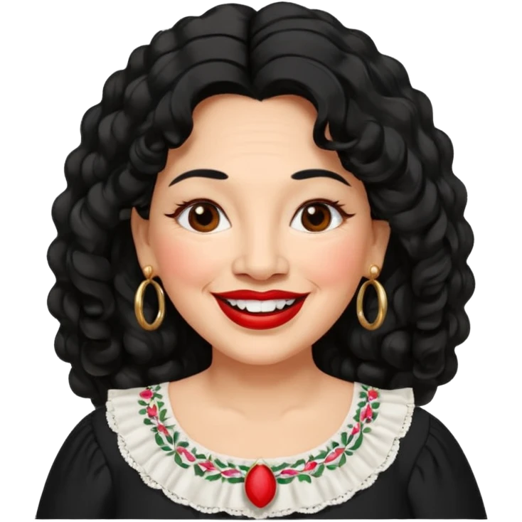 60 yr old Mexican woman, slightly chubby, wavy/curly long black hair, red lipstick, big smile, white teeth, brown eyes, hoop earings, side part to hair, round face, pretty white dress, hair side swept, big hoop earing emoji