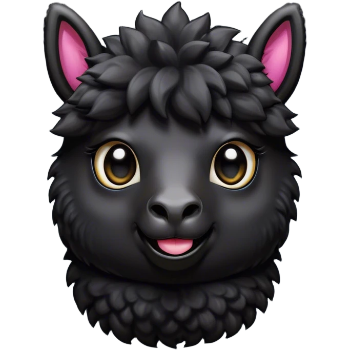 Cinematic Comical Black Alpaca Portrait Emoji, Head tilted dramatically with an exaggeratedly amused expression, featuring a striking jet-black fleece with playful texture, wide, expressive dark eyes filled with playful disbelief, Simplified yet hilariously expressive features, highly detailed, glowing with a slightly sassy glow, high shine, dramatic yet playful, stylized with an air of cheeky mischief, bright and endearing, soft glowing outline, capturing the essence of a spirited and over-the-top alpaca, so meme-worthy it feels like it could side-eye its way into internet fame instantly! emoji