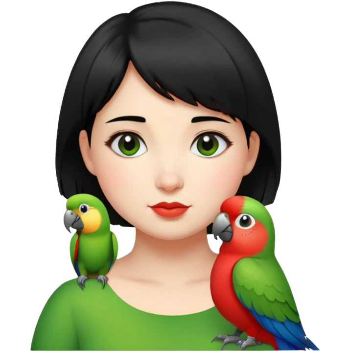 A chubby cheeks girl with short black hair with a green red lip parrot on her shoulder  emoji