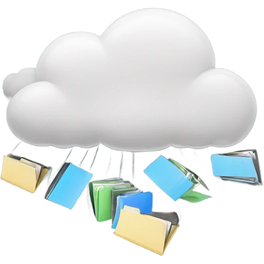 A cloud with folders and files flying in and out of it. emoji