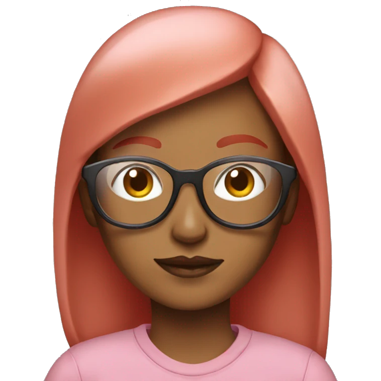 woman with red hair and bangs, with clear glasses and a pink sweatshirt emoji