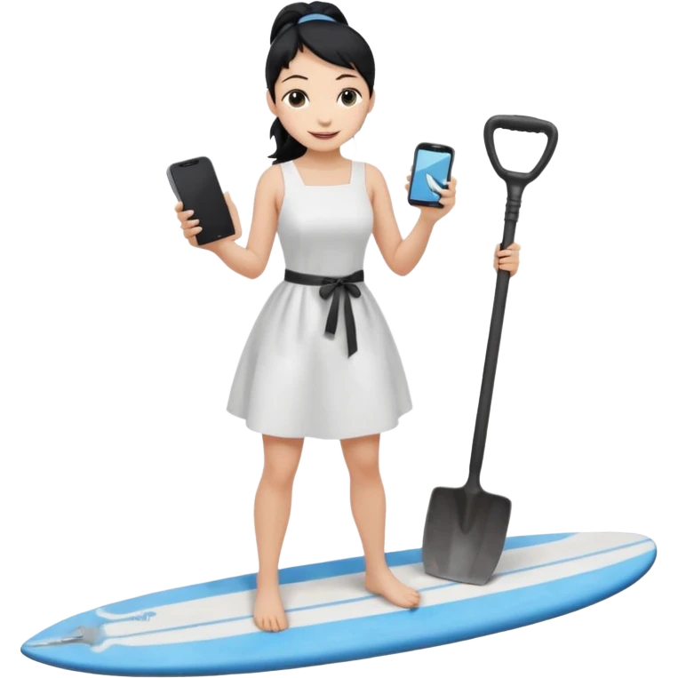 Princess who wearing white dress (woman) black ponytail hair holding her cellphone and  one garden iron shovel with another hand. there is one blue surfing board under her feet. She is looking at her phone. emoji