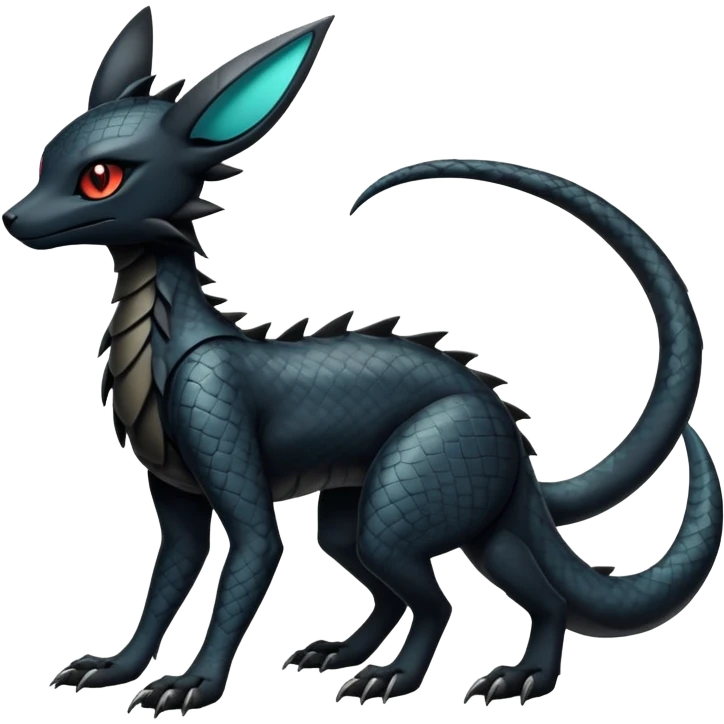Sophisticated Modern Gothic Gloomy Futuristic Scaly Cyber-Salandit-Umbreon-Litten-Hybrid (Full body) emoji