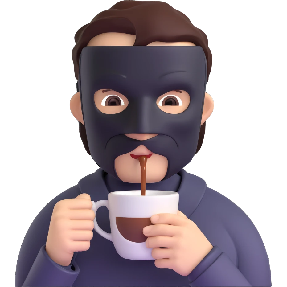 man's face with a black full mask drinking coffee emoji