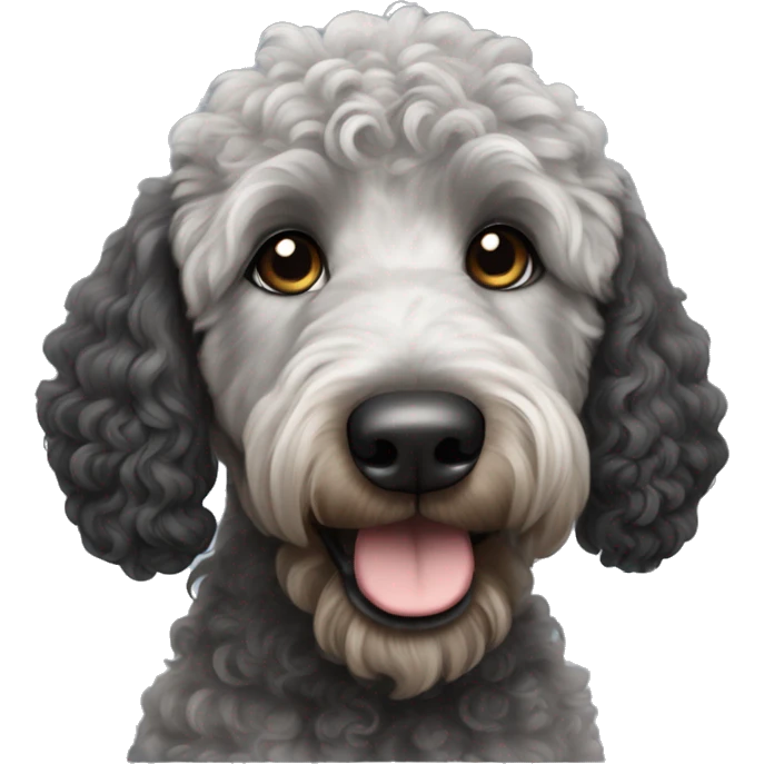 Curly Black with gray golden doodle with black ears and brown muzzle  emoji