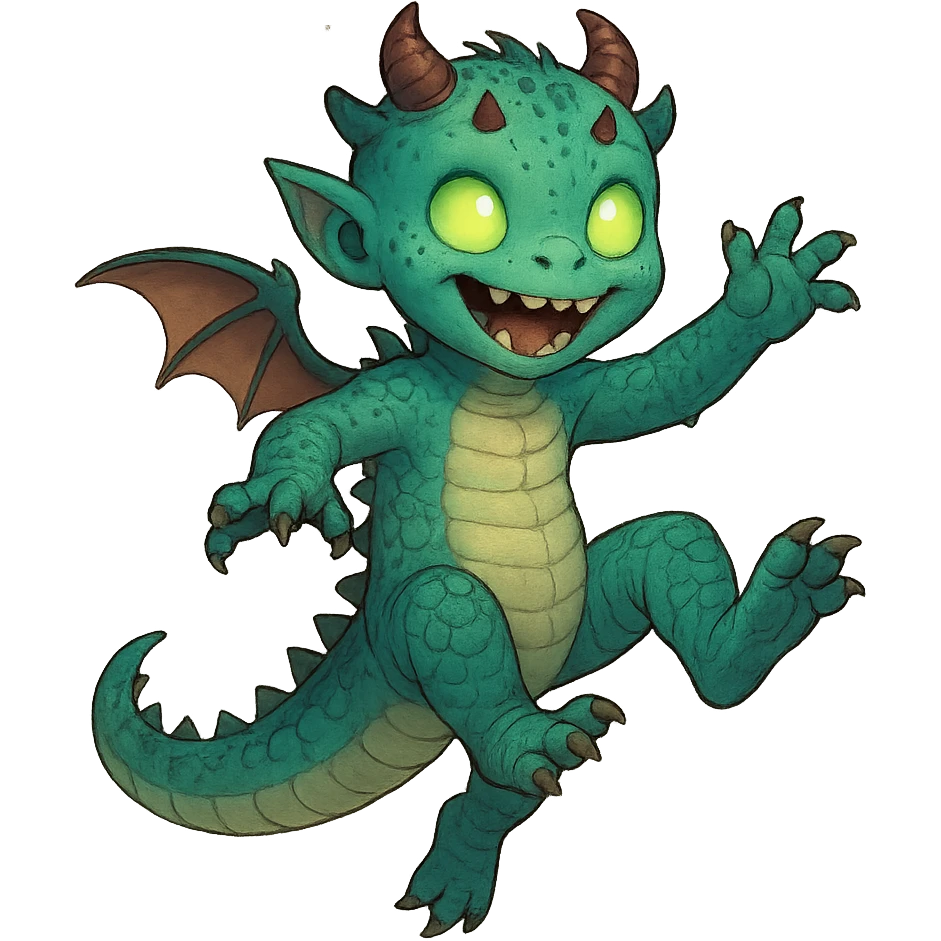 playful kid with mostly dragon features including scales, tail, tiny wings, some demon aspects like small horns and sharp teeth, and a hint of alien with glowing eyes and odd skin tone emoji