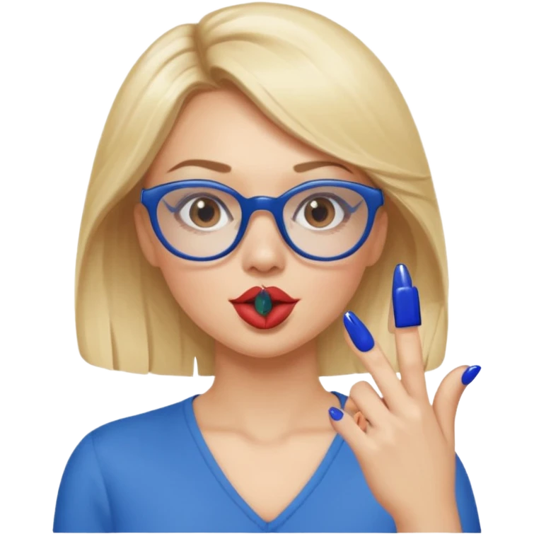 Blonde women with brown eyes, blue glasses blowing a kiss with dark blue nails emoji