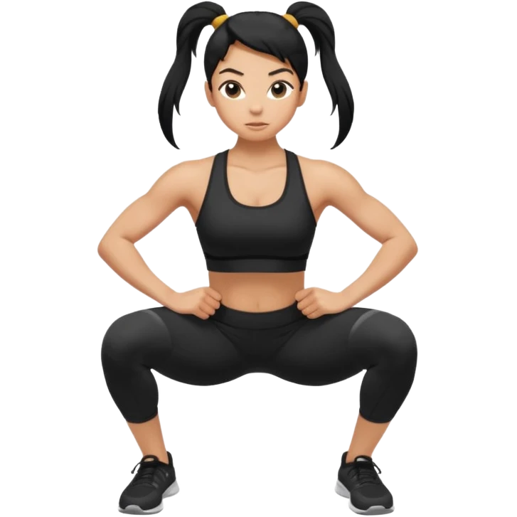 Women with long black ponytail doing a squat with no weights emoji