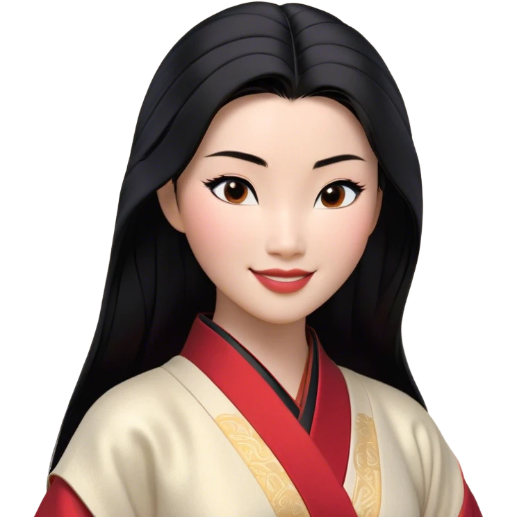 Cinematic Realistic Radiant Mulan Portrait, presenting Mulan with a warm, confident smile and lifelike light-toned skin that appears almost luminous under natural daylight. Her sleek black hair is rendered in meticulous detail, and her traditional robe—accented with understated red highlights—is depicted with realistic fabric textures and folds. The overall image exudes a gentle, inviting glow, high shine, and refined detail that captures her poised elegance and inner resilience in a painterly, authentic style. emoji