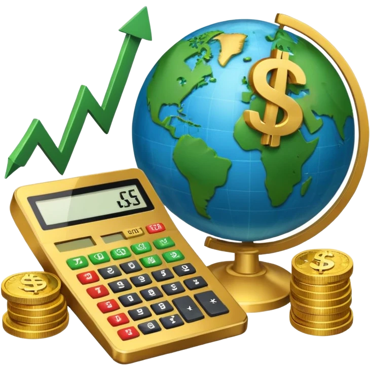 An icon featuring a calculator, a dollar sign, and a chart with upward trends, symbolizing economics. The design includes coins, bills, and a globe, representing global trade and financial systems. Transparent background highlights the study of markets, supply, and demand. emoji