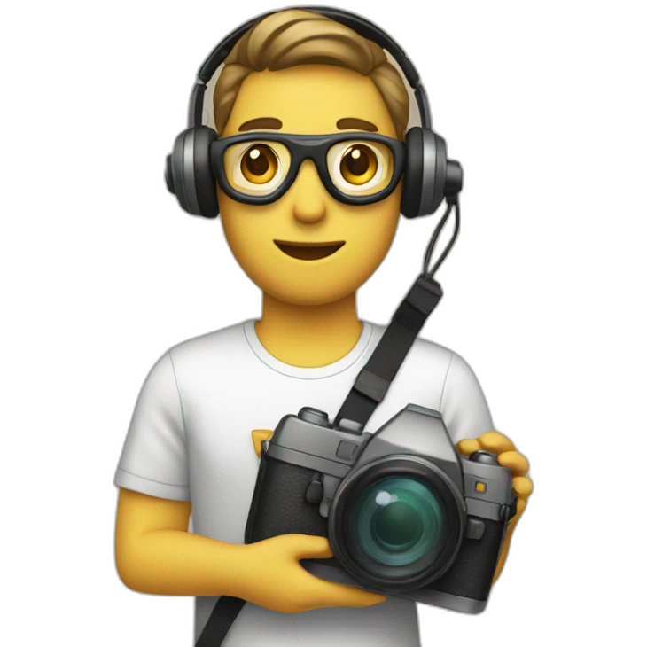 A person with headset holding a camera emoji