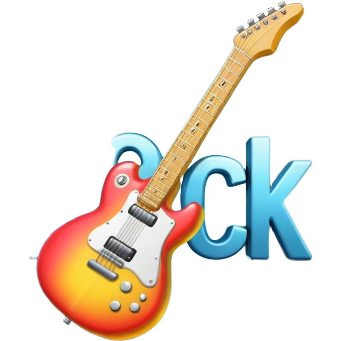 A 3D Apple-style emoji showing the word "ROCK" in bold metallic letters, with a small electric guitar leaning on the text, vibrant glowing effect, playful and energetic cartoon style, symbolizing rock music. emoji