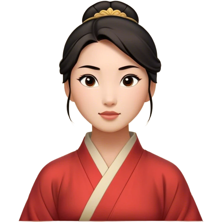 Cinematic Timeless Mulan Portrait Emoji, rendered in a clean vector style. Depict Mulan with warm, light-toned skin, neatly styled dark hair in a traditional bun, and a serene, confident expression, dressed in a simple traditional robe with minimal decoration. The image is highlighted by a soft, inviting glow and a subtle glowing outline, capturing enduring beauty and quiet strength. emoji