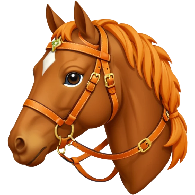 Hermès-style horse head emoji, detailed harness with Hermès orange, gold buckles, luxury feel, cute emoji