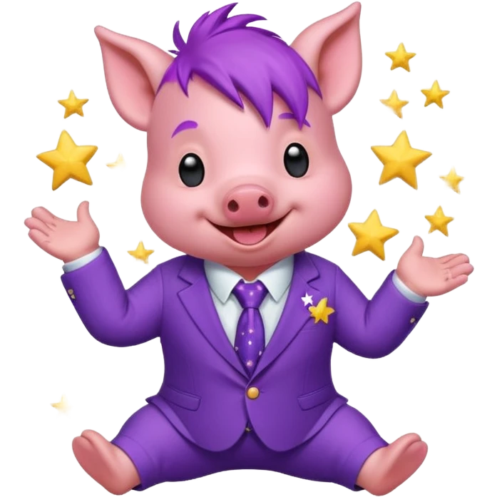 Sticker, a small cute funny purple piglet with purple hair, wearing a purple suit decorated with stars, ((cheerful, laugh)), surrounded by white outline, on transparent background emoji