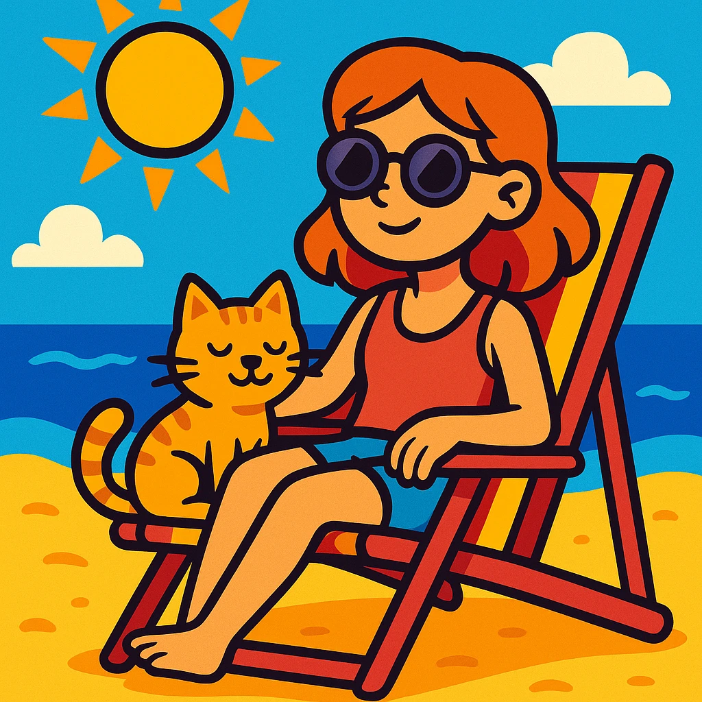 girl sitting in a beach chair with her cat, sunny summer day, vibrant toon style emoji