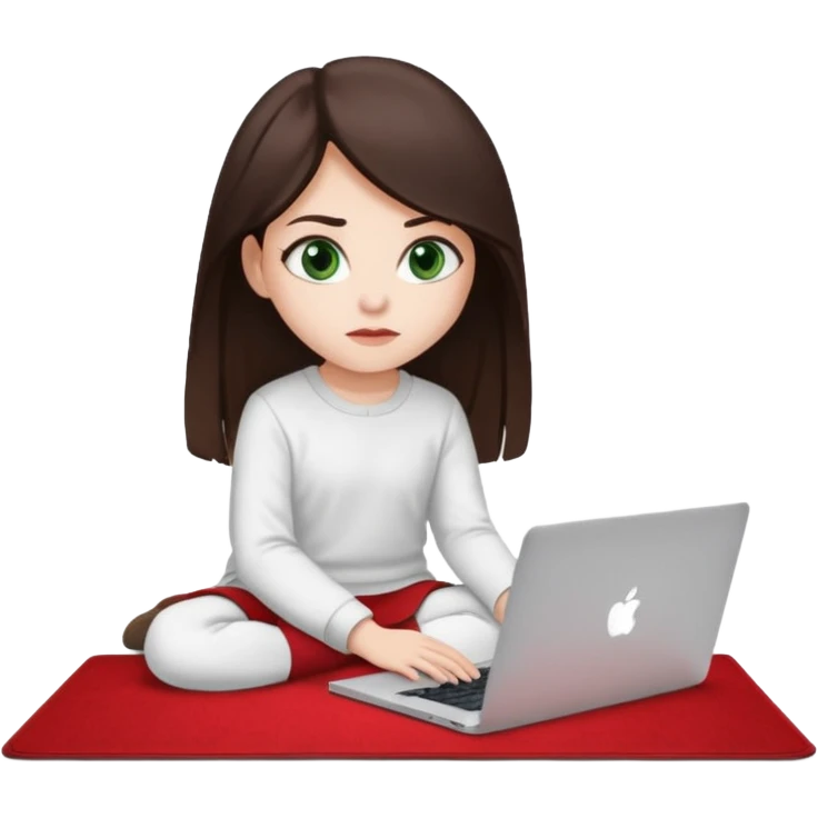 Long dark brown haired, white skinned, dark green eyed girl in white clothes girl sitting in macbook with a red carpet  emoji