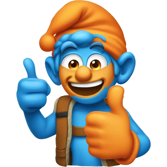 Create a Smurf with orange skin. the right hand with a large thumb giving a thumbs-up emoji