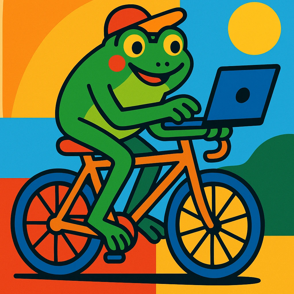 a cheerful frog multitasking on a laptop while cycling, colorful illustration style, vibrant and playful emoji