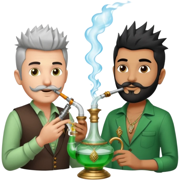 Brass hookah with green design on a glass water base on the top; with two smoke pipes where people are holding them and smoking - one white guy with spikes (silver and black hair) and another Tamil handsome with little beard Indian guy. The Tamil guy is not having spiky hair  emoji