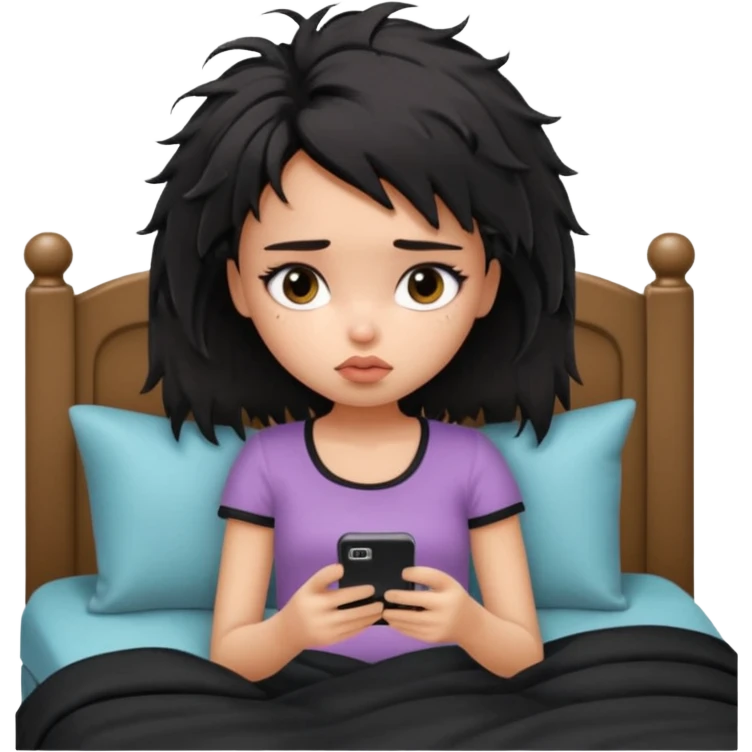 generate a pretty bratz girl with short black messy bed hair, looking tired and using her phone emoji